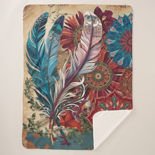 Cobertor Sherpa Boho Chic Mysterious Mandala Feather (Frente)