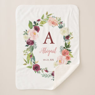 Cobertor Sherpa Boho Floral Wreath Burgundy Sherpa Blanket