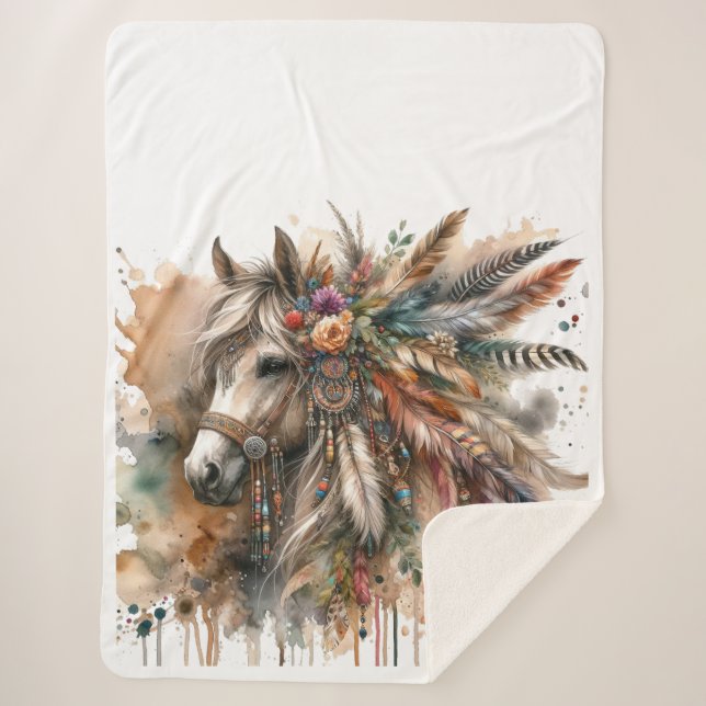 Cobertor Sherpa Boho Horse with feathers (Frente)