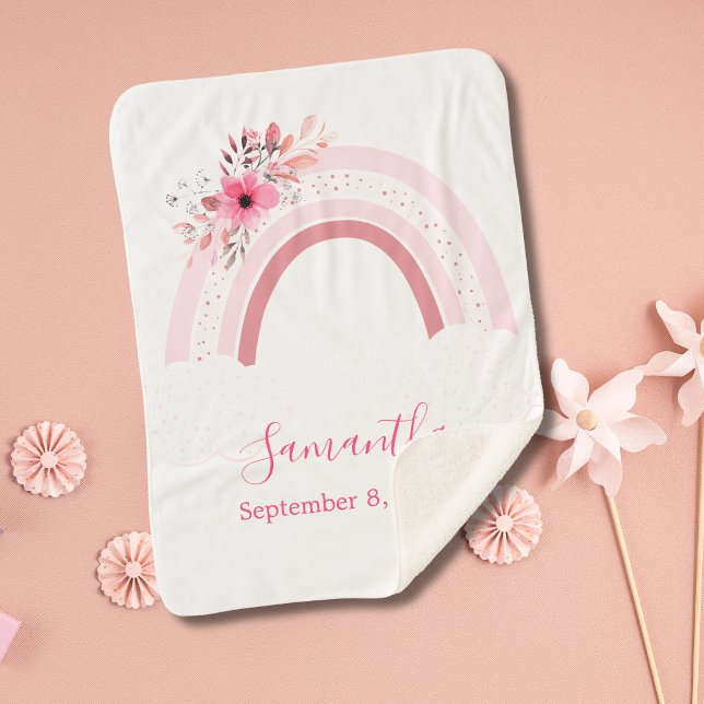 Cobertor Sherpa Boho Rainbow Rosa Floral Sherpa Baby Blanket (Personalized Pink Rainbow Boho Floral Sherpa Baby Blanket. Great gift for the new baby girl.)