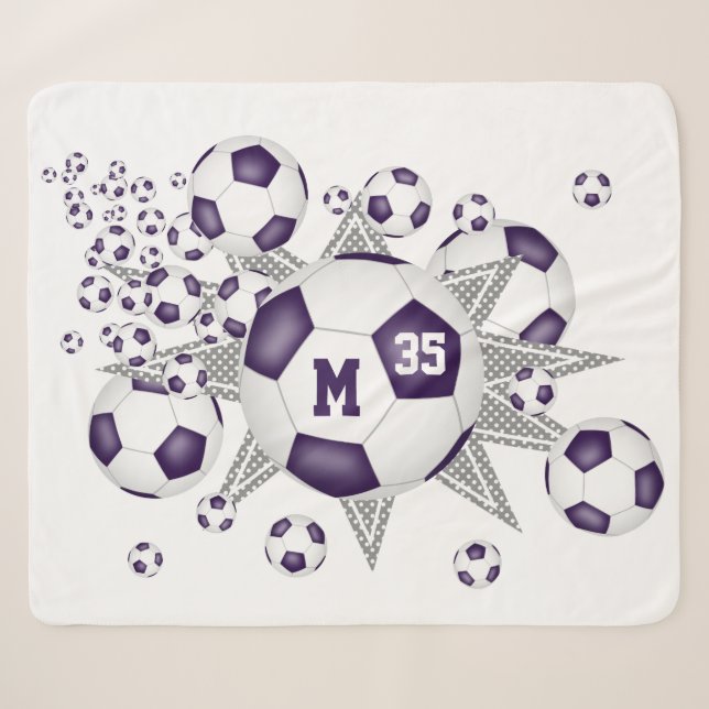 Cobertor Sherpa bola de futebol de sala branca roxa (Frente (Horizontal))