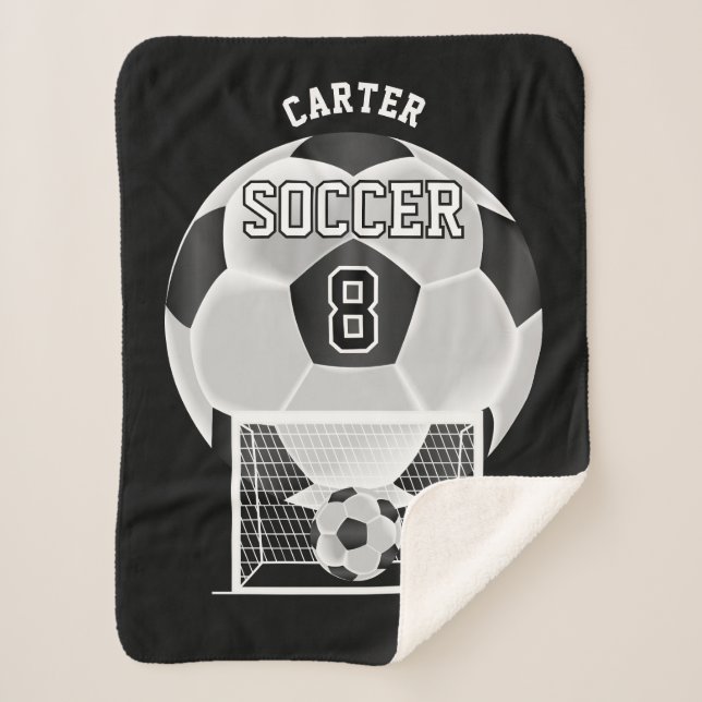 Cobertor Sherpa Bola de Futebol em Branco e Preto com Texto DIY (Frente)
