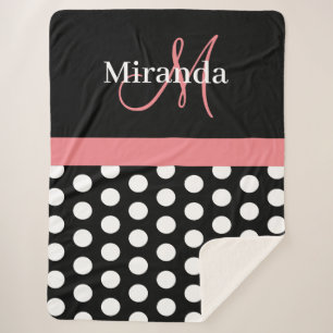 Cobertor Sherpa Bolinhas de Script do Monograma Cor-de-Rosa Preta 