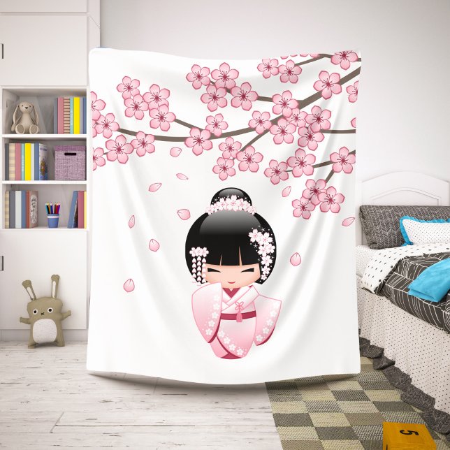 Cobertor Sherpa Boneca Kawaii Kokeshi Quimono Rosa (Criador carregado)