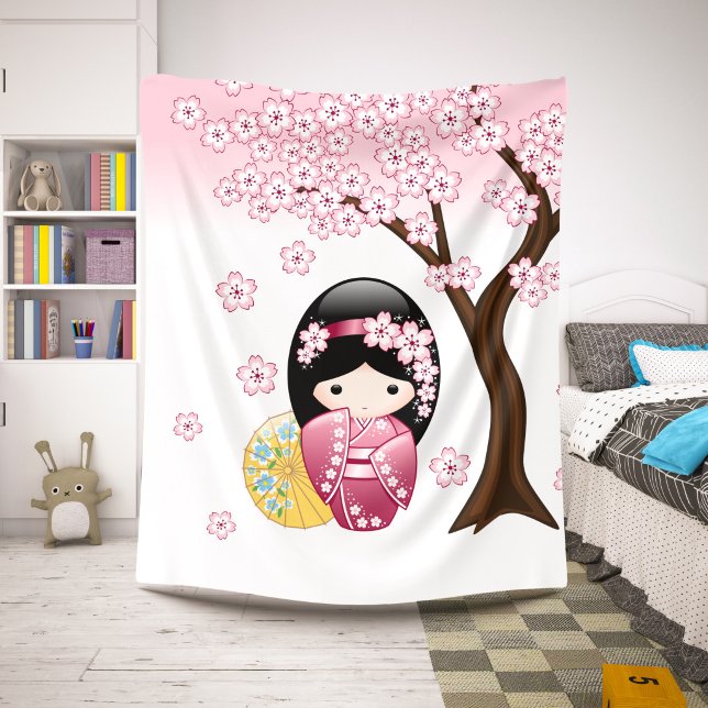 Cobertor Sherpa Boneca Kokeshi da Primavera - Garota Geisha Japone (Criador carregado)