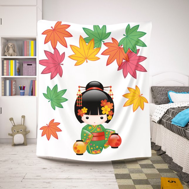 Cobertor Sherpa Boneca Kokeshi de Outono - Garota Geisha com Quimo (Criador carregado)