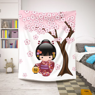Cobertor Sherpa Boneca Kokeshi Sakura - Garota Geisha Japonesa Fof