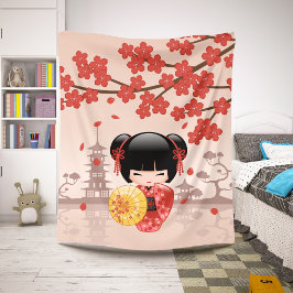 Cobertor Sherpa Boneca Kokeshi Sakura Vermelha Garotinha Geisha Fo
