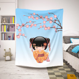 Cobertor Sherpa Boneca Kokeshi Ume - Garota Geisha Japonesa Azul