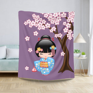 Cobertor Sherpa Boneca Maiko Kokeshi - Menina Kimono Geisha Azul