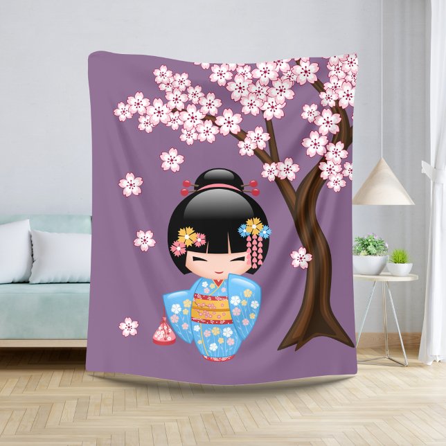 Cobertor Sherpa Boneca Maiko Kokeshi - Rapariga Kimono Geisha Azul (Criador carregado)