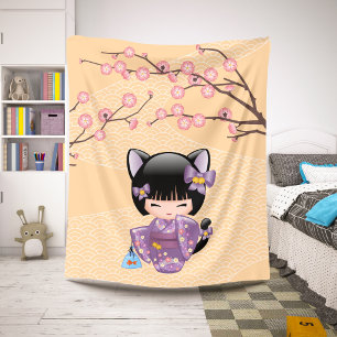 Cobertor Sherpa Boneca Neko Kokeshi - Garota Geisha com Orelhas de