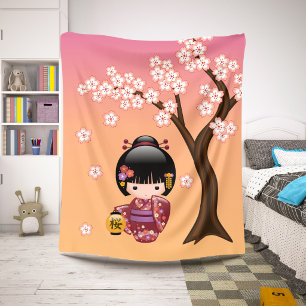 Cobertor Sherpa Boneca Sakura Kokeshi - Garota Geisha em Pêssego
