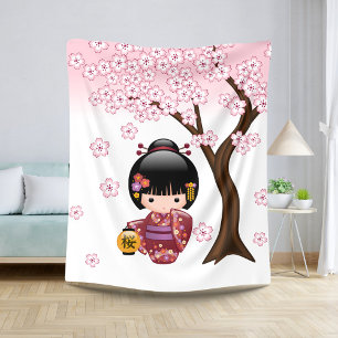 Cobertor Sherpa Boneca Sakura Kokeshi - Garota Geisha Japonesa Bon