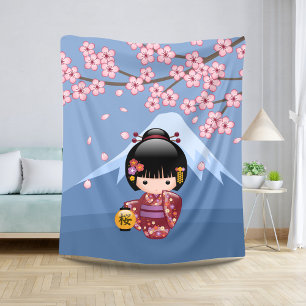 Cobertor Sherpa Boneca Sakura Kokeshi - Garota Geisha Japonesa Bon