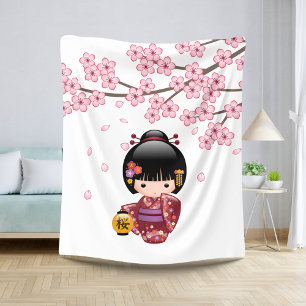 Cobertor Sherpa Boneca Sakura Kokeshi - Garota Geisha Japonesa Bon