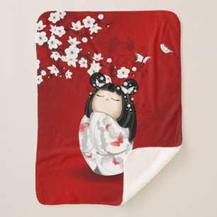 Cobertor Sherpa Bonecas Kokeshi Red Black White Cherry Blossoms