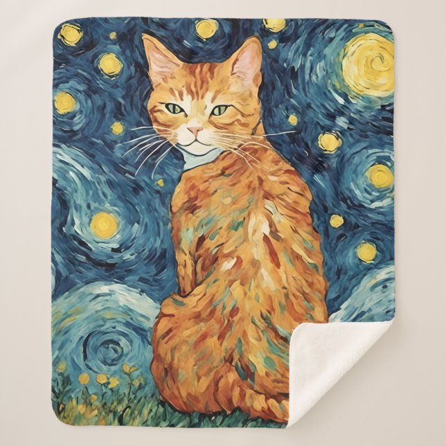 Cobertor Sherpa Bonita Ginger Tabby Cat na Noite Estrelada (Frente)