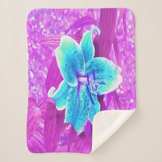 Cobertor Sherpa Bonito Aqua Blue Stargazer Lily em Roxo (Frente)