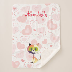 Cobertor Sherpa Bonito Gato de Cartoon e Corações Legais Bonitos