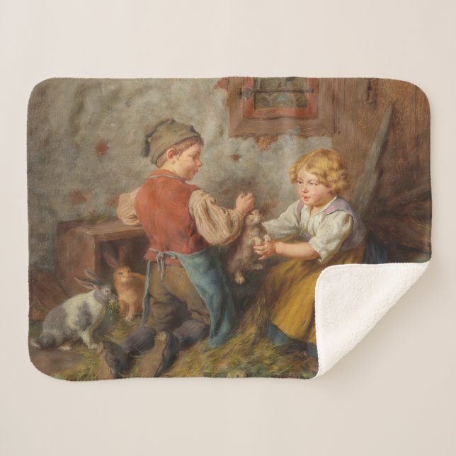 Cobertor Sherpa Bons Amigos (Jovens Brincando Com Coelho De Pet) (Frente (Horizontal))