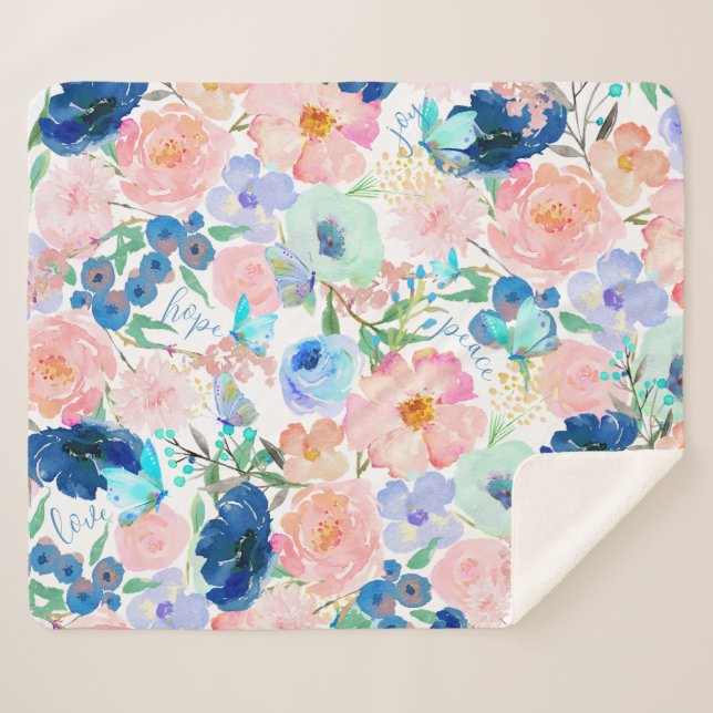 Cobertor Sherpa Borboleta de Aquarela Floral Coberta de Esperança (Frente (Horizontal))
