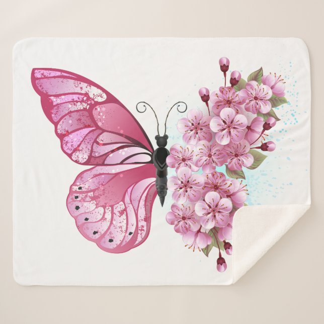Cobertor Sherpa Borboleta Flor com Sakura Rosa (Frente (Horizontal))