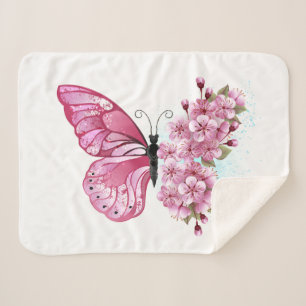 Cobertor Sherpa Borboleta Flor com Sakura Rosa