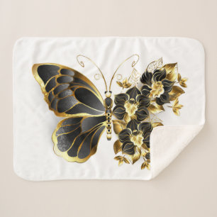 Cobertor Sherpa Borboleta Flor de Ouro com Orquídea Preta