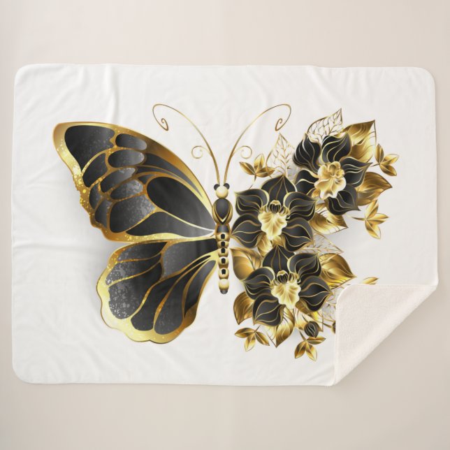 Cobertor Sherpa Borboleta Flor Dourada com Orquídea Preta (Frente (Horizontal))