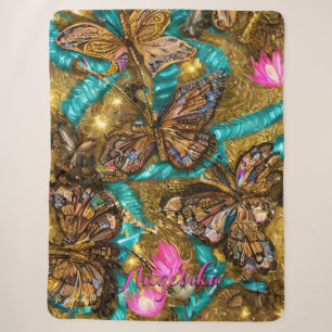 Cobertor Sherpa Borboletas Azul Turquesa e Dourado Nome Personaliz