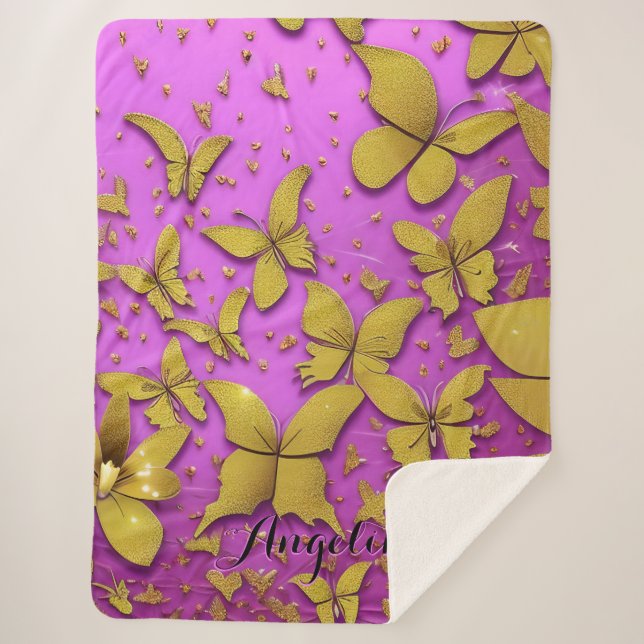 Cobertor Sherpa Borboletas Douradas Brilhas Fundo Rosa (Frente)