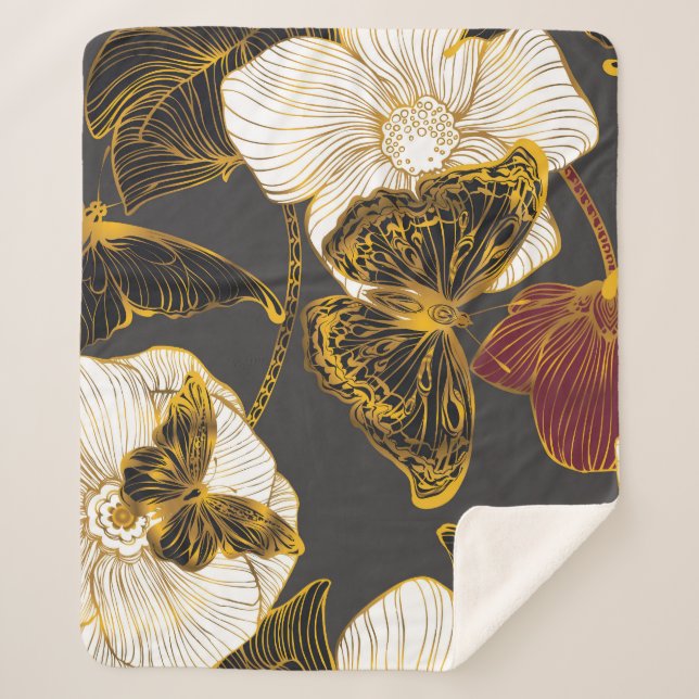 Cobertor Sherpa Borboletas e flores: padrão de Primavera Boho (Frente)