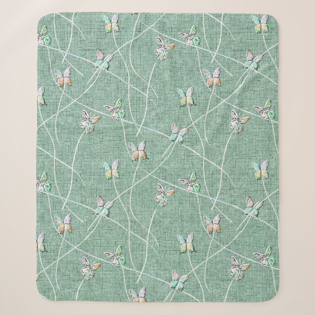 Cobertor Sherpa Borboletas em Verde-Menta em Aquarela (Frente)