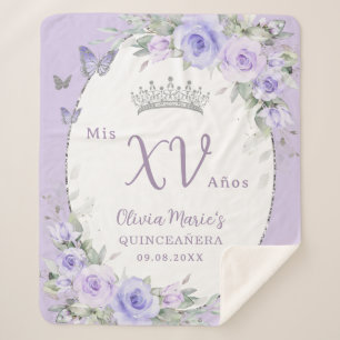 Cobertor Sherpa Borboletas Florais Roxas lavandas Quinceañera