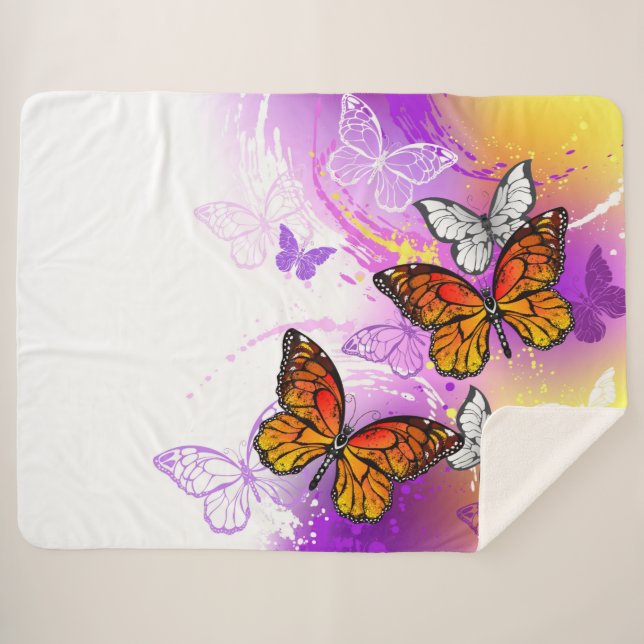 Cobertor Sherpa Borboletas Monarcas em Fundo Roxo (Frente (Horizontal))