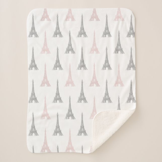 Cobertor Sherpa Branco cinzento do rosa da torre Eiffel de Paris (Frente)