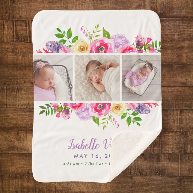 Cobertor Sherpa Bright Blooms 3 Photo Baby Name (Criador carregado)