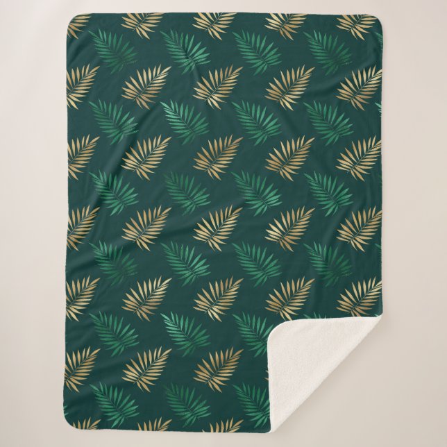 Cobertor Sherpa Brilho verde e Dourado nas folhas tropicais (Frente)