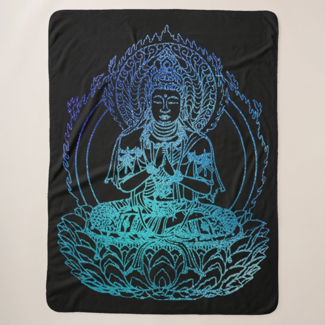 Cobertor Sherpa Buda Flamejante em Azul Turquesa e Azul (Frente)