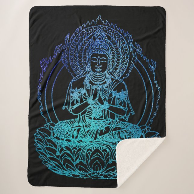 Cobertor Sherpa Buda Flamejante em Teal e Azul (Frente)