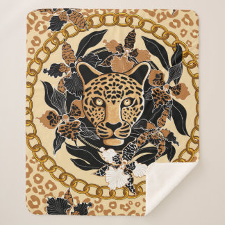 Cobertor Sherpa cabeça de leopardo rodeada por orquídeas, corrente