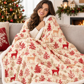 Cobertor Sherpa Cabra de Natal Rústica e Padrão de Árvore de Pinhe