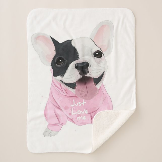 Cobertor Sherpa Cachorro francês bonito preso | Apenas Me Ame (Frente)