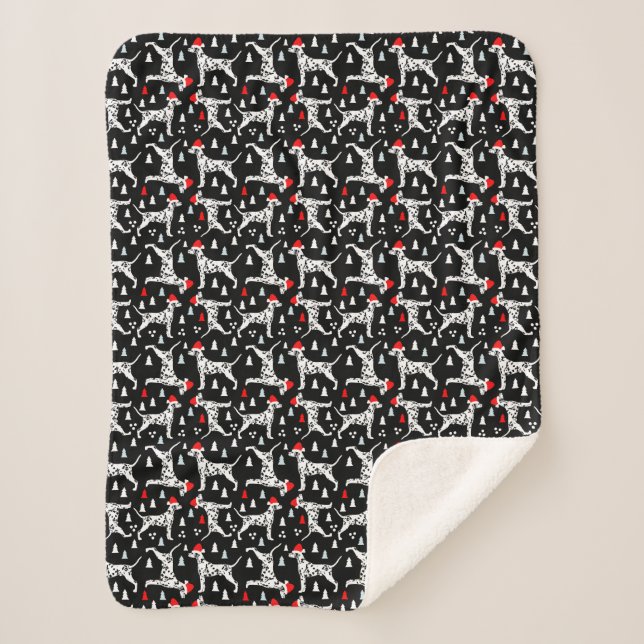 Cobertor Sherpa Cachorro Negro de Santa Hat, Árvores de Natal Dalm (Frente)