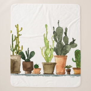 Cobertor Sherpa Cacto de aquarela verde desenhado à mão em casta