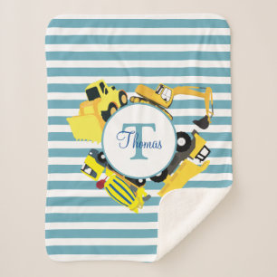 Cobertor Sherpa Caminhões de Construção Blue Stripes Monograma