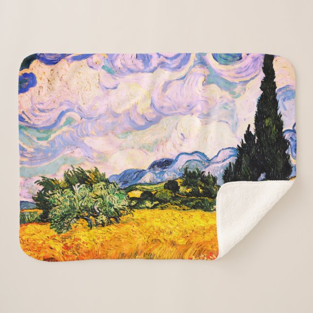 Cobertor Sherpa Campo de Trigo com Ciprestes de Vincent Van Gogh (Frente (Horizontal))