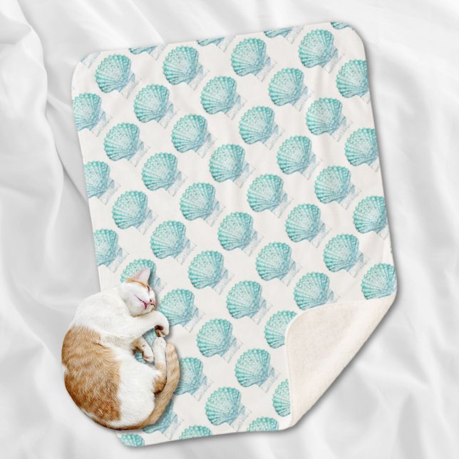 Cobertor Sherpa Cana-de-água azul-lacrimogéia da costa (coastal chic teal blue watercolor mermaid seashell sherpa blanket)
