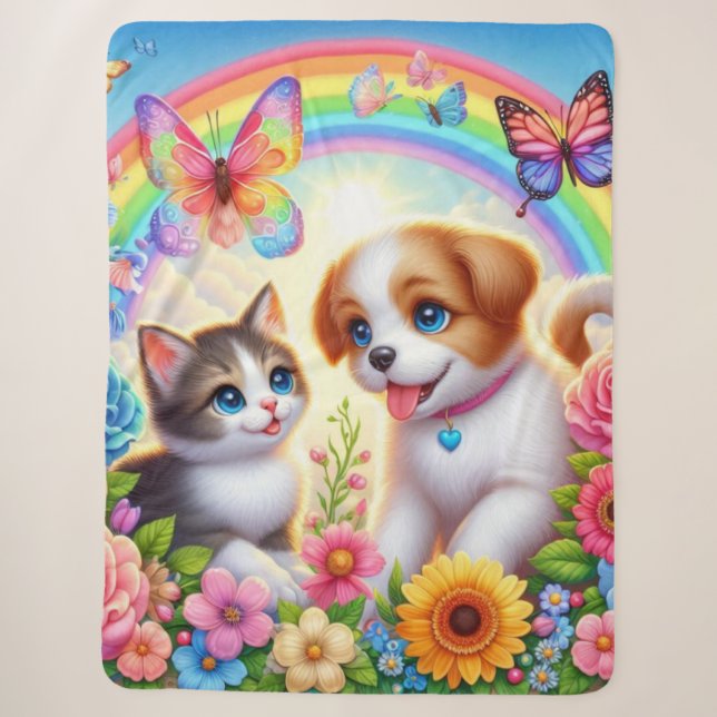 Cobertor Sherpa Cãozinho/cachimbo/arco-íris de gatinho (Frente)